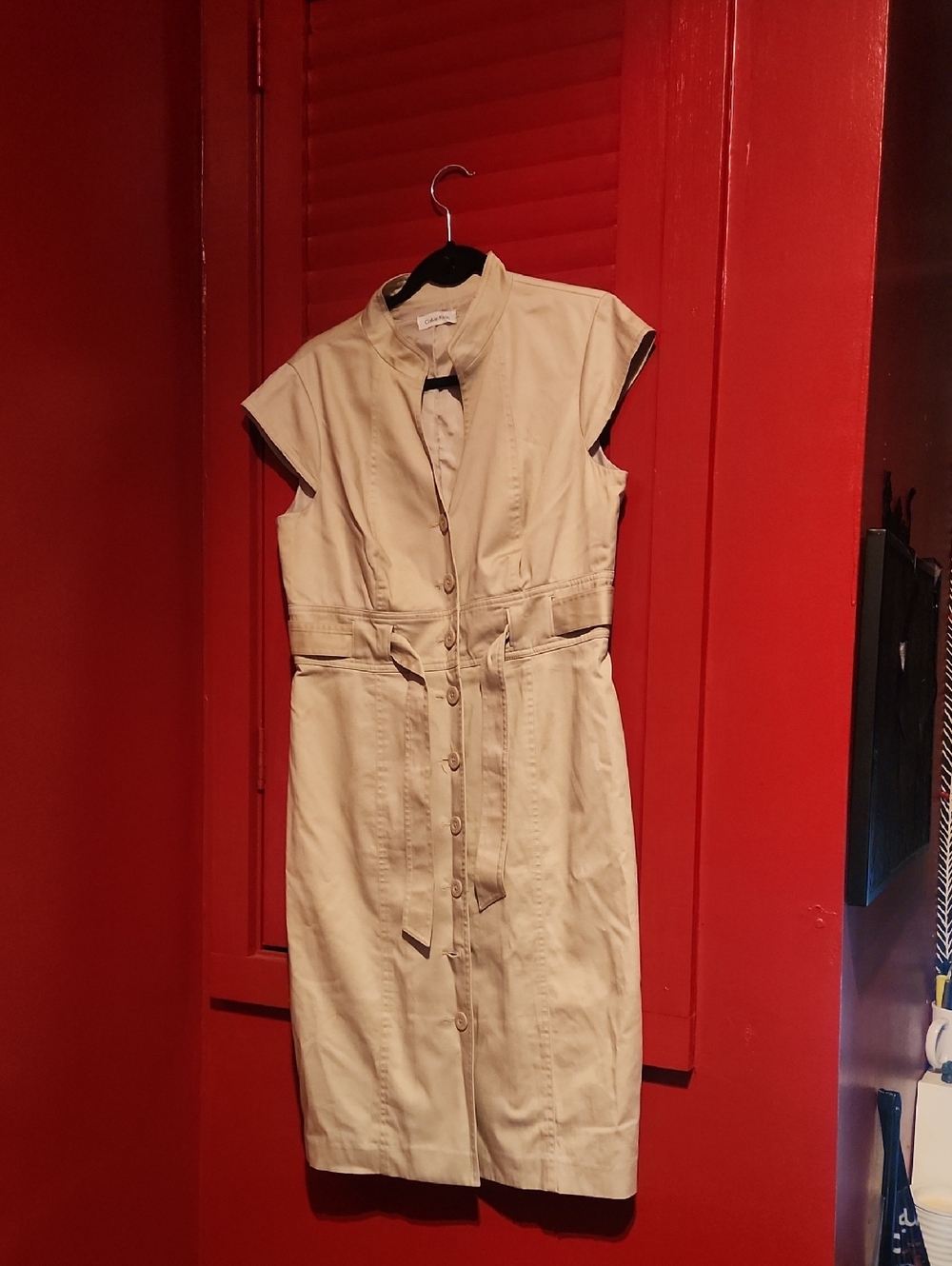 Calvin Klein Tan Button-Front Midi Dress with Tie Waist